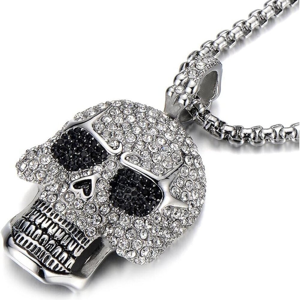 Steel Large Sugar Skull Pendant Necklace for Men Women with Cubic Zirconia and W